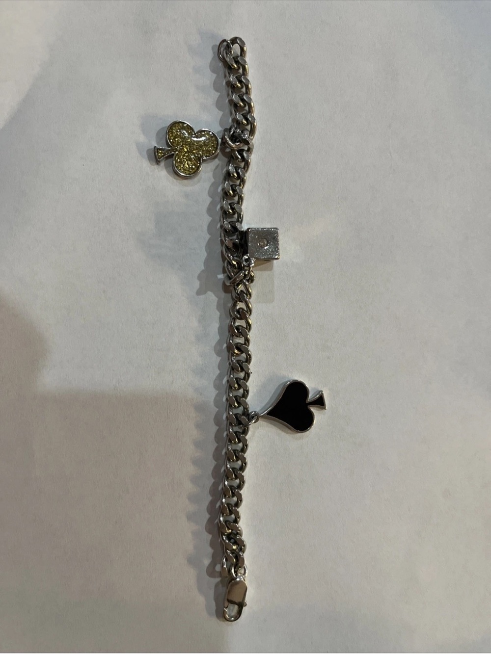 Sterling Silver Charm Bracelet with Black Spade and Gold Glitter Club Charms 8”
